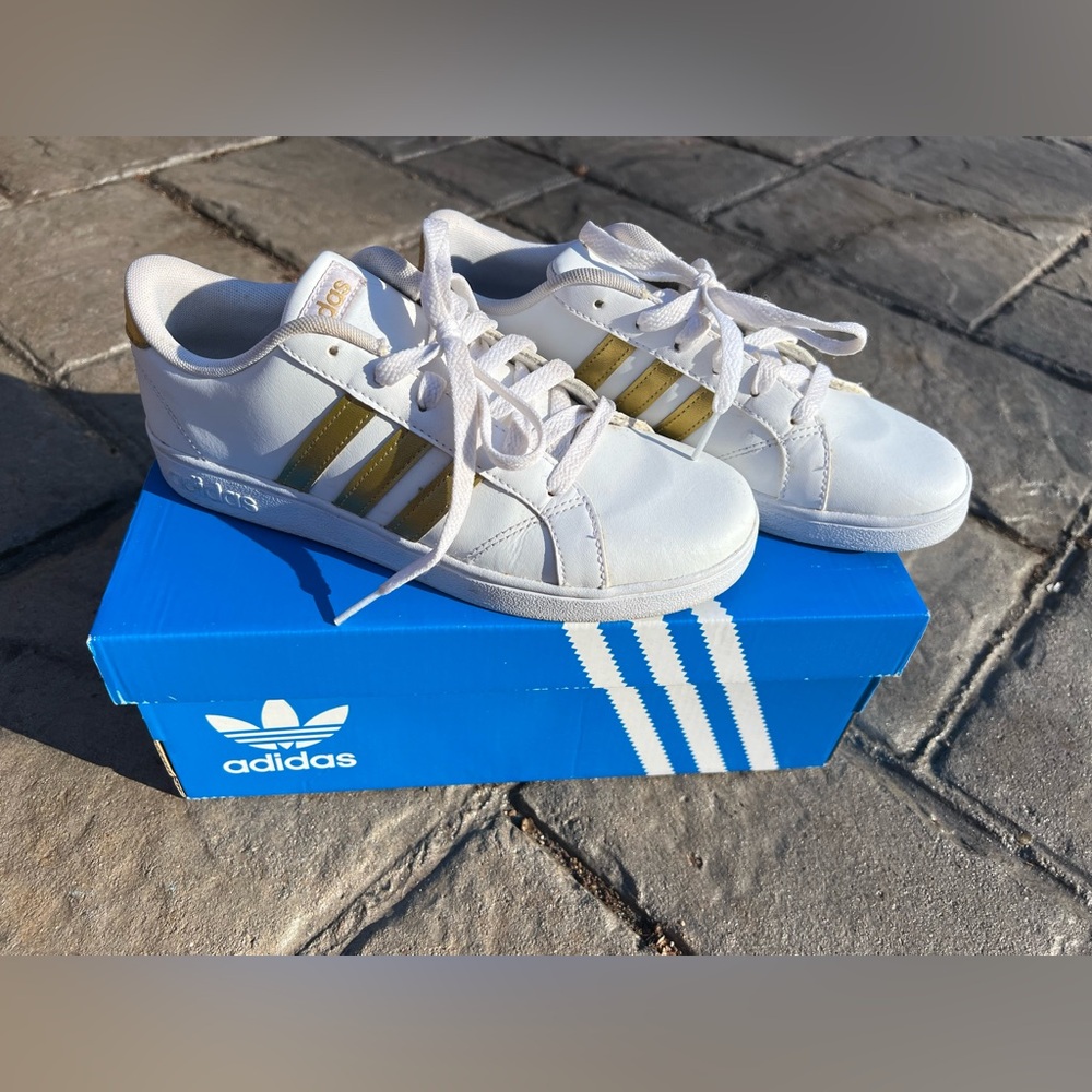 White and Gold Grand Court Adidas Sneakers
